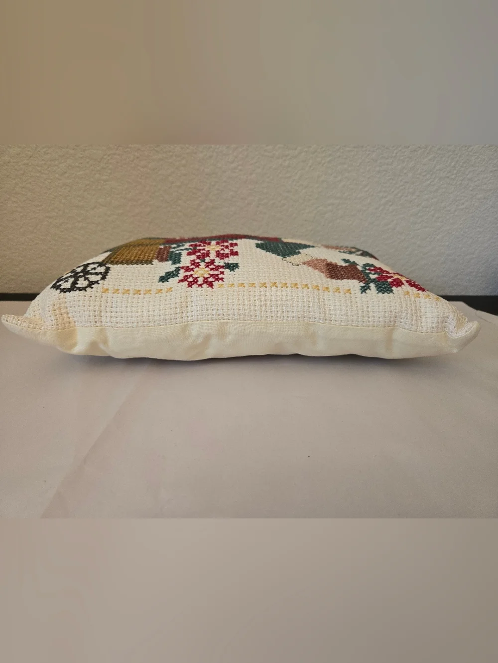 Vintage Needlepoint Santa Pillow Gardening Theme Accent Decor Christmas Holiday